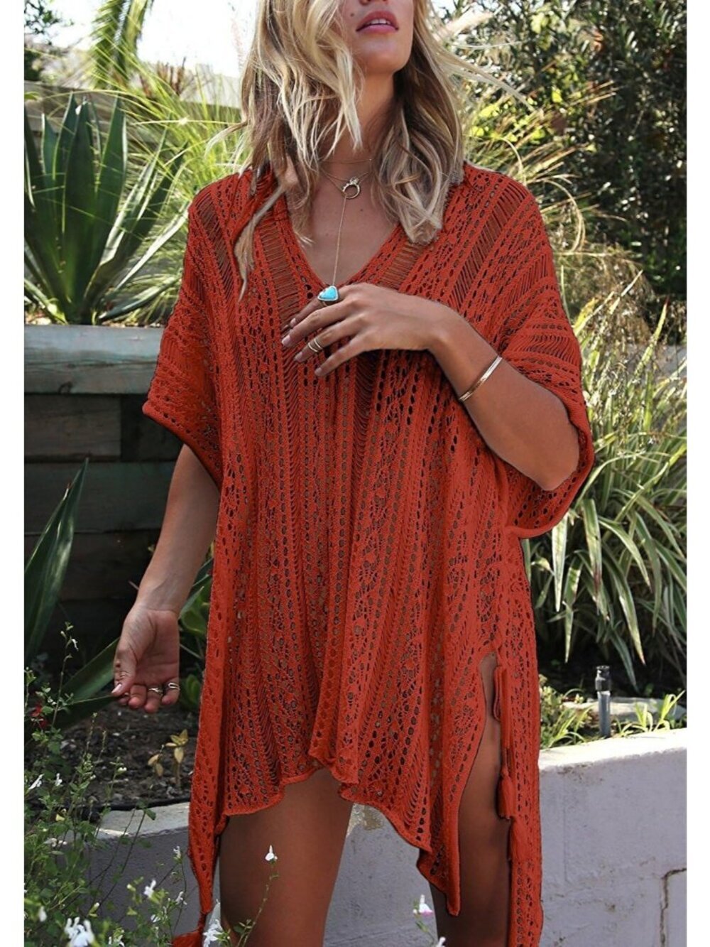 Women's Caramel Polyester Crochet Cover up Swimsuit Breathable Beach Swimwear - Picture 2 of 4